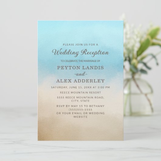 Elegant Blue Tan Beach Ocean Wedding Reception Kaart (Staand voorkant)