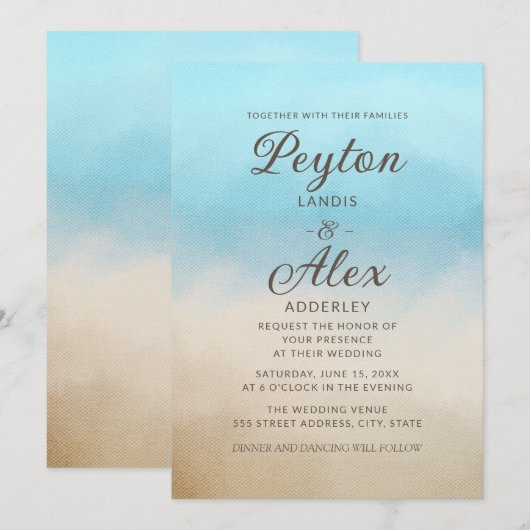 Elegant Blue Tan Waterverf Beach Ocean Geïnspireer Kaart (Voorkant / Achterkant)