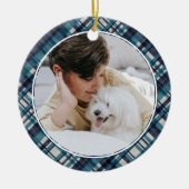 Elegant Blue Tartan Pset met kerstmonogram Foto Keramisch Ornament (Voorkant)