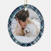 Elegant Blue Tartan Pset met kerstmonogram Foto Keramisch Ornament (Links)