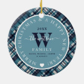 Elegant Blue Tartan Pset met kerstmonogram Foto Keramisch Ornament (Achterkant)