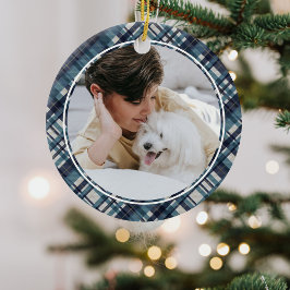 Elegant Blue Tartan Pset met kerstmonogram Foto Keramisch Ornament