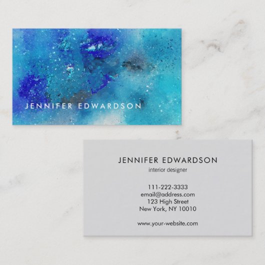 Elegant blue teal watercolor splatter professional visitekaartje (Voorkant / Achterkant)