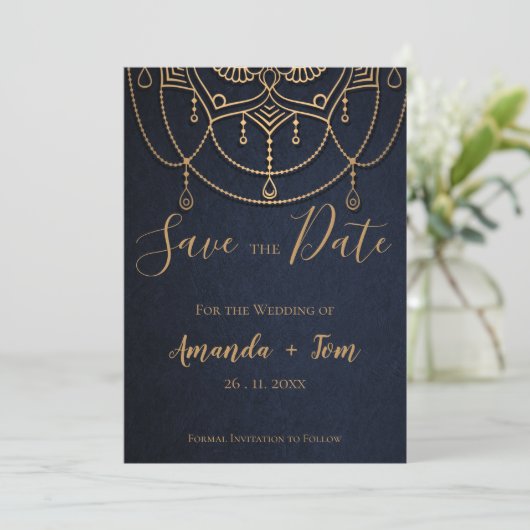Elegant Blue Textured Traditional Design Wedding Save The Date (Staand voorkant)