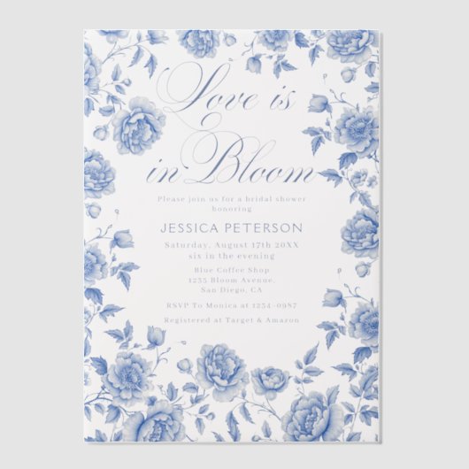 Elegant Blue Toile Chinoiserie Vrijgezellenfeest Vellum Uitnodigingen (Voorkant)