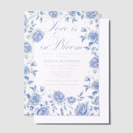 Elegant Blue Toile Chinoiserie Vrijgezellenfeest Vellum Uitnodigingen (Offset)