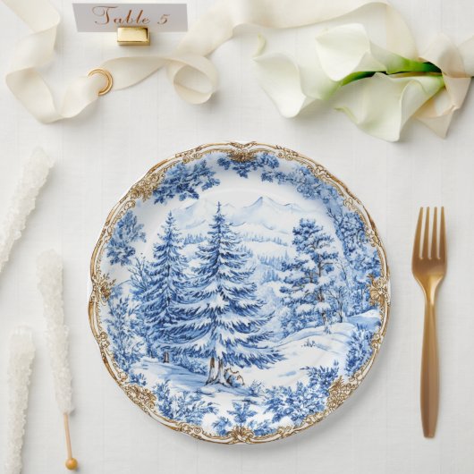Elegant Blue Toile Christmas Tree Holiday Dining  Papieren Bordje (Huwelijk)
