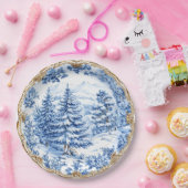 Elegant Blue Toile Christmas Tree Holiday Dining  Papieren Bordje (Feest)