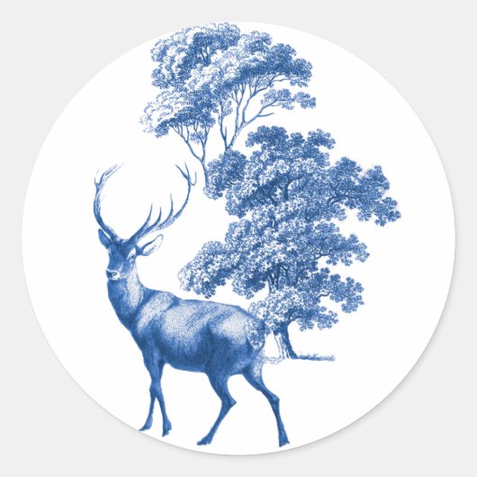 Elegant Blue  Toile Deer in Forest Ronde Sticker (Voorkant)
