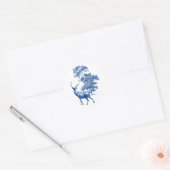 Elegant Blue  Toile Deer in Forest Ronde Sticker (Envelop)