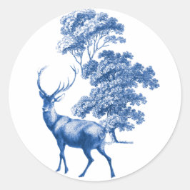 Elegant Blue Toile Deer in Forest Ronde Sticker