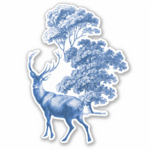 Elegant Blue Toile Deer in Forest Sticker