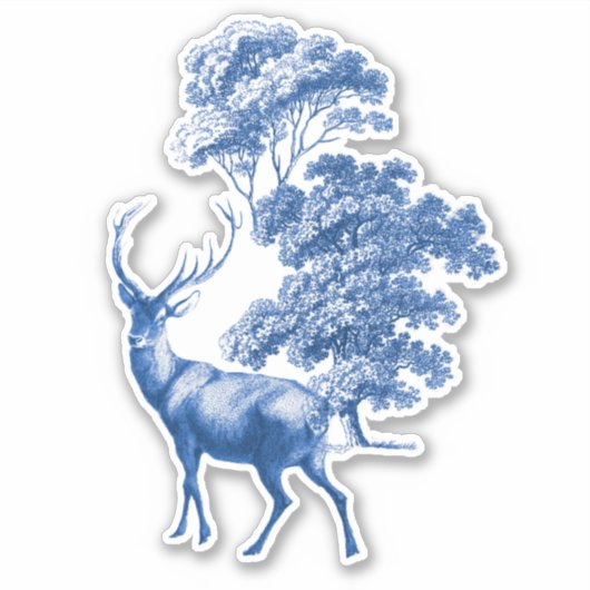 Elegant Blue Toile Deer in Forest Sticker (Voorkant)