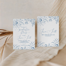 Elegant Blue Toile Floral Graduation Invite Kaart