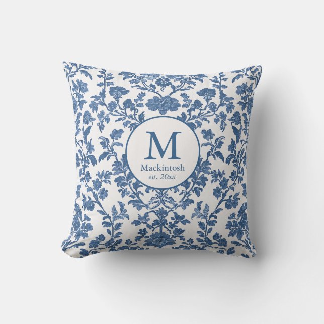 Elegant Blue Toile Monogram Sierkussen (Voorkant)