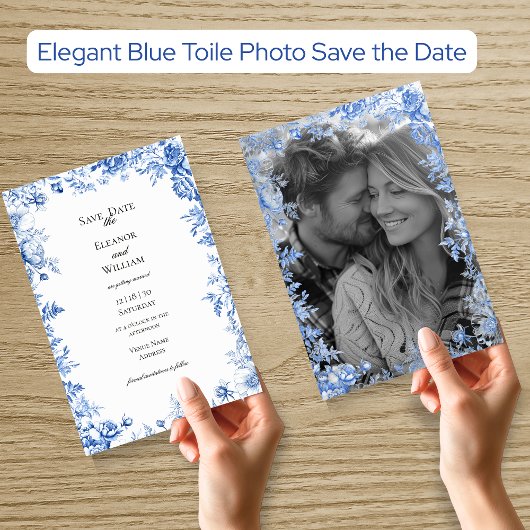 Elegant Blue Toile Photo Save the Date Kaart