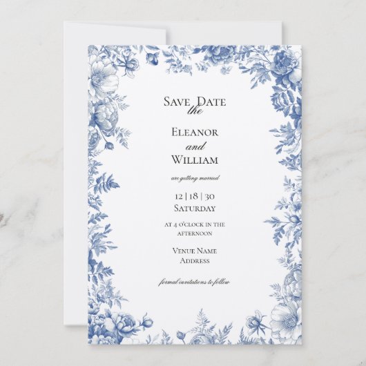 Elegant Blue Toile Photo Save the Date Kaart (Voorkant)