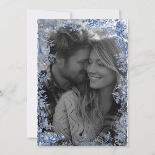 Elegant Blue Toile Photo Save the Date Kaart (Achterkant)