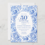Elegant Blue Toile Rose 50th Birthday Invitation Kaart (Voorkant)