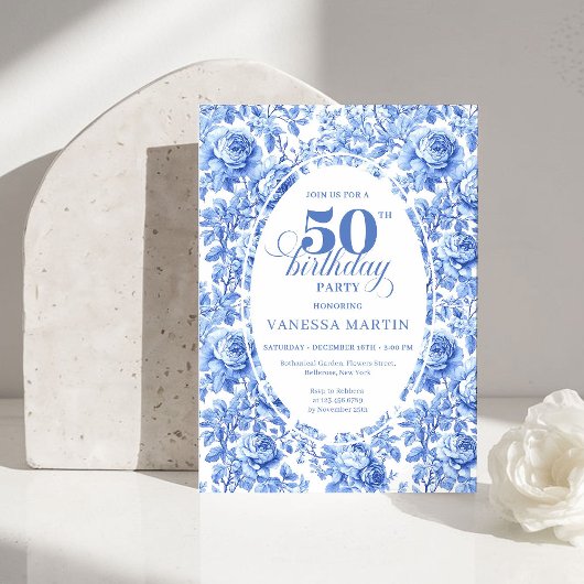 Elegant Blue Toile Rose 50th Birthday Invitation Kaart