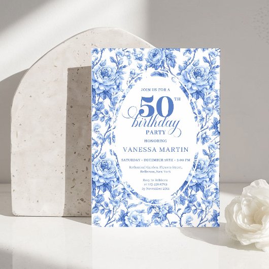 Elegant Blue Toile Rose Floral 50th Birthday Invit Kaart