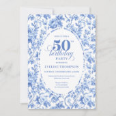 Elegant Blue Toile Rose Floral 50th Birthday Invit Kaart (Voorkant)