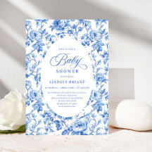 Elegant Blue Toile Rose Floral Baby Shower Invite