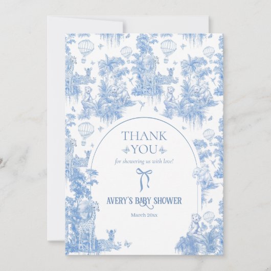 Elegant Blue Toile Safari Boy Baby shower Bedankkaart (Voorkant)