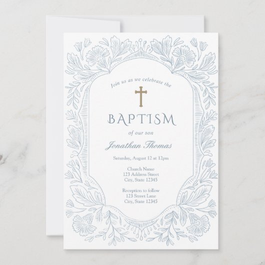 Elegant Blue Traditional Baptism Invitation Kaart (Voorkant)