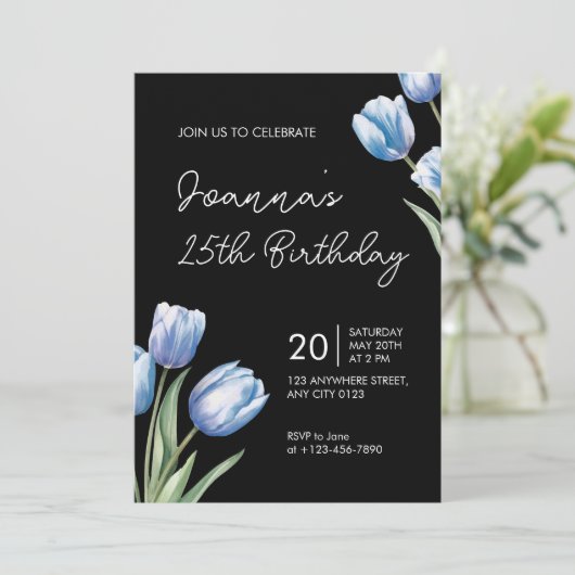 Elegant Blue Tulip Birthday Party Invitation Kaart (Staand voorkant)