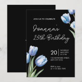 Elegant Blue Tulip Birthday Party Invitation Kaart (Voorkant / Achterkant)