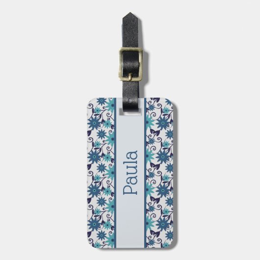 Elegant Blue Turquoise Flower Pattern Bagagelabel (Voorkant verticaal)