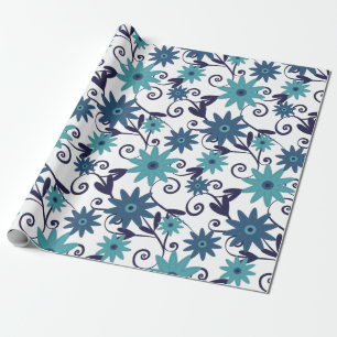 Elegant Blue Turquoise Flower Pattern Cadeaupapier