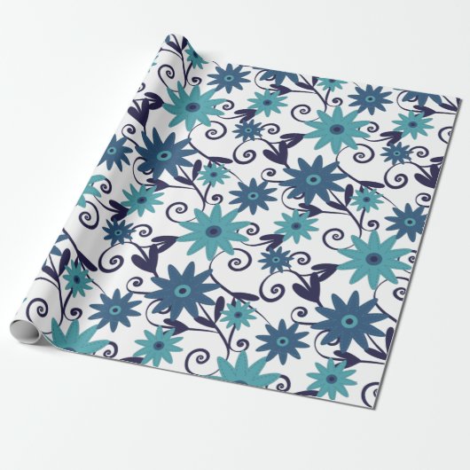 Elegant Blue Turquoise Flower Pattern Cadeaupapier (Uitgerold)