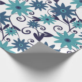 Elegant Blue Turquoise Flower Pattern Cadeaupapier (Hoek)