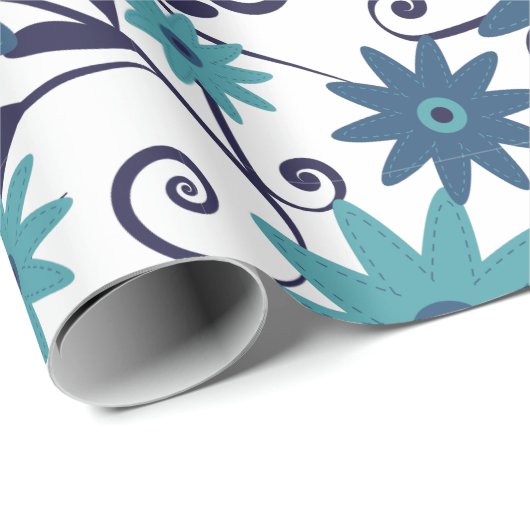 Elegant Blue Turquoise Flower Pattern Cadeaupapier (Rol Hoek)