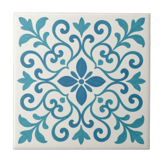Elegant Blue & Turquoise Mediterranean Floral Tile Tegeltje