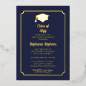 Elegant Blue University Graduation Party Gold Folie Uitnodiging (Voorkant)
