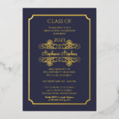 Elegant Blue University Graduation Party Gold Folie Uitnodiging (Voorkant)