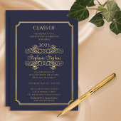 Elegant Blue University Graduation Party Gold Folie Uitnodiging