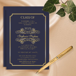 Elegant Blue University Graduation Party Gold Folie Uitnodiging