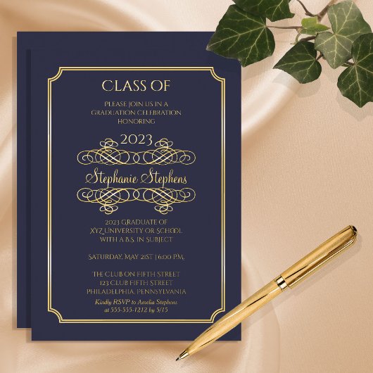 Elegant Blue University Graduation Party Gold Folie Uitnodiging