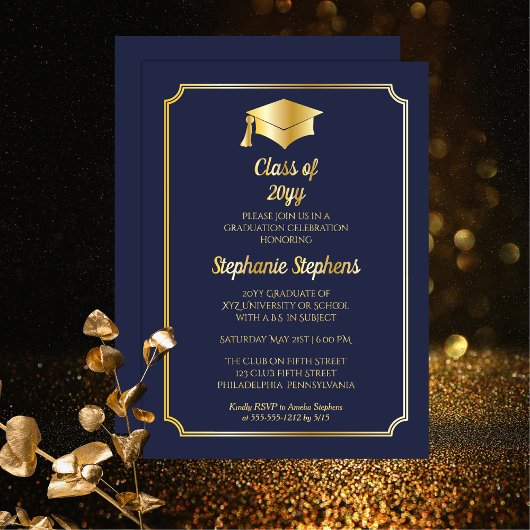 Elegant Blue University Graduation Party Gold Folie Uitnodiging