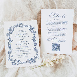 Elegant Blue Victorian Floral All in One Wedding Kaart