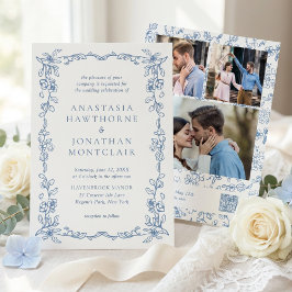 Elegant Blue Victorian Photo QR Code RSVP Wedding Kaart