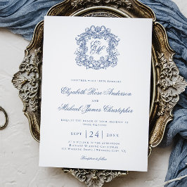 Elegant Blue Vintage Monogram Crest Wedding Kaart