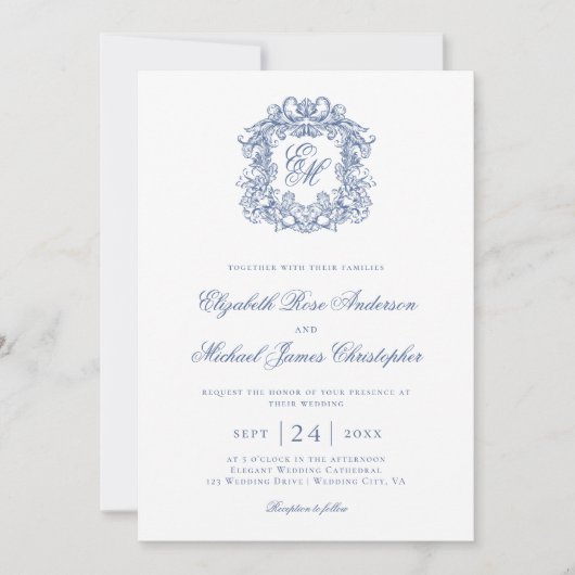 Elegant Blue Vintage Monogram Crest Wedding Kaart (Voorkant)
