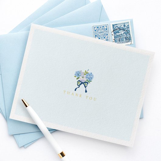 Elegant Blue Watercolor Floral Gold Foil Note Card Folie Feestdagenkaart