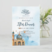 Elegant Blue Watercolor Mosque Ramadan Iftar Kaart (Staand voorkant)
