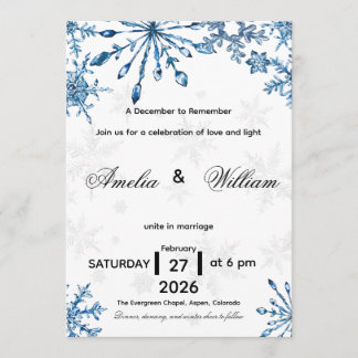 Elegant Blue Watercolor Snowflake Wedding Invite Kaart